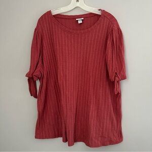 Ava & Viv Mauve Pink Raspberry Pointelle Tie Sleeve Short Sleeve Top
